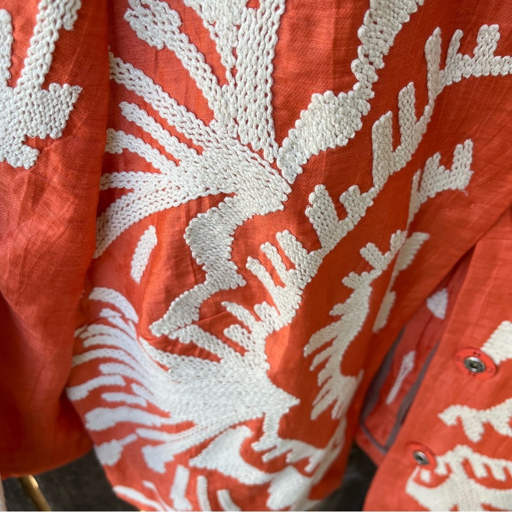 Per Se Linen Silk Embroidery Large Snap Jacket In Orange & Cream Sz 10 - Picture 7 of 16
